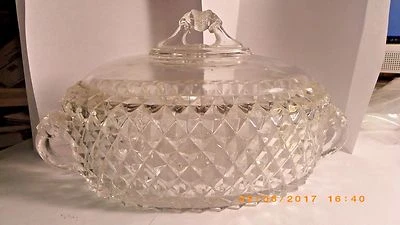 Antique Oval Covered Dish Lions Head handles and Top Diamond pattern Glass - Image 1 of 4