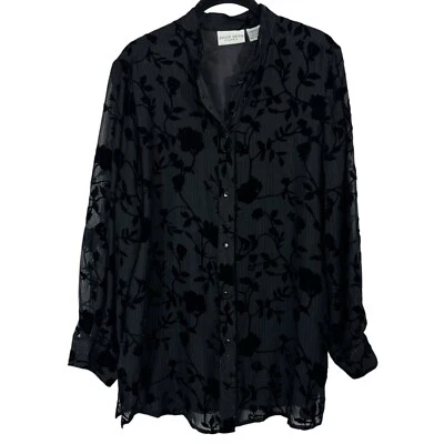 Top Jaclyn Smith Clásico Para Mujer Negro Seda Terciopelo Burnout Floral Botón Talla L Foto 1 de 4