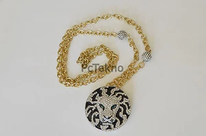 Pave Crystal Black Enamel Lion Head Brooch Gold tone Long Chain Necklace NWOT - Picture 1 of 6