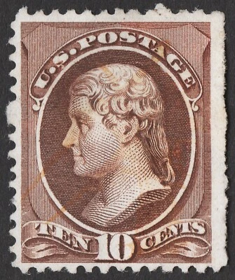 US Sc# 209 USED { 10c BROWN JEFFERSON } LIGHT PEN CANCEL 1882 AMERICAN BANKNOTE - Image 1 of 2
