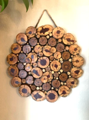 13" Round Wood Slice Art Mosaic Plaque, Rustic Mountain Wall Decor Cabin Modern  - Image 1 of 4