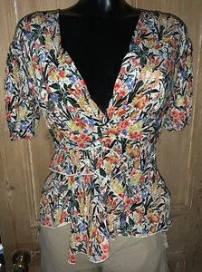 Topshop UNIQUE ivory multi 100% Silk Floral Print Aster peplum Blouse Top UK 8 - Picture 1 of 14