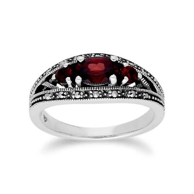 Art Déco Stile Ovale Granato E Marcasite Tre Pietre Anello IN 925 Argento - Immagine 1 di 4