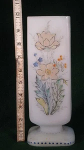 Hand Blown Bristol Glass Vase Frosted with Hand Painted Enamled Flowers Square - Picture 1 of 1