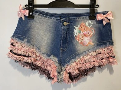 Winx Club X ROMWE Flora Lace Denim Shorts L 8/10 - Image 1 of 4