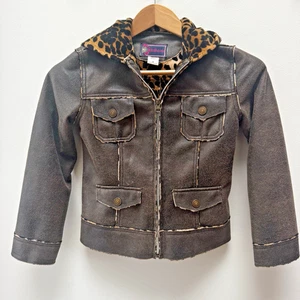 Dollhouse Girls Faux Leather Jacket Sz M Distressed Brown Leopard Lined Hood - Picture 1 of 13