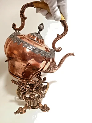 Magnifique Ancienne Bouilloire Théière Victorienne Samovar Cuivre Style Tiffany - Photo 1/4