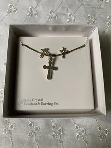 Sterling Silver Genuine Crystal Cross Earrings & Necklace Set - Picture 1 of 9
