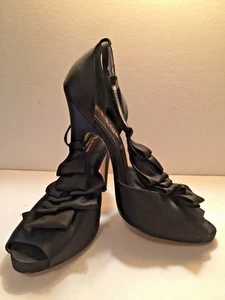  NINA Ruffle Stiletto High Heel Open Toe Sandals Black Satin Shoes 7.5 - Picture 1 of 6