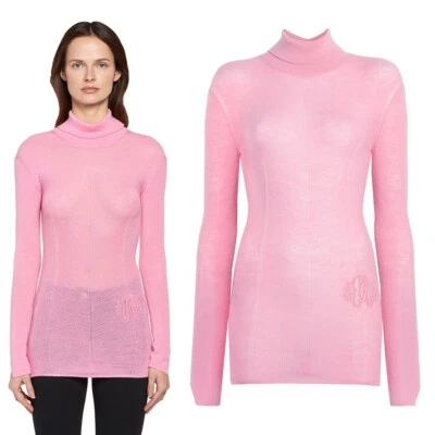 38 NOVO $675 ROBERTO CAVALLI Rosa LÃ CASHMERE LOGOTIPO RC TÚNICA DE MALHA SUÉTER TOP XS - Imagem 1 de 4