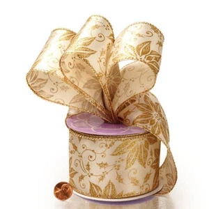 Poinsettia Gold Glitter Wired Satin Ribbon - 2.5" Wide x 10 Yards (566322501) - Picture 1 of 1