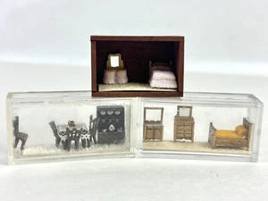 Vtg 1:144 Dollhouse Miniature Furniture 2 Bedrooms 1 Dinning Table Chairs Hutch - Picture 1 of 15