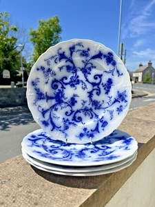 ANTIQUE c1890'S SET OF 4 FLOW BLUE & WHITE RIDGWAYS GAINSBOROUGH DINNER PLATES - Picture 1 of 13