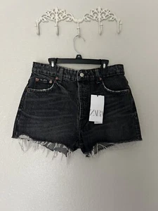 ZARA High Rise Jean Shorts Size 6 Distressed Black Washed Denim Cut Off - Picture 1 of 9
