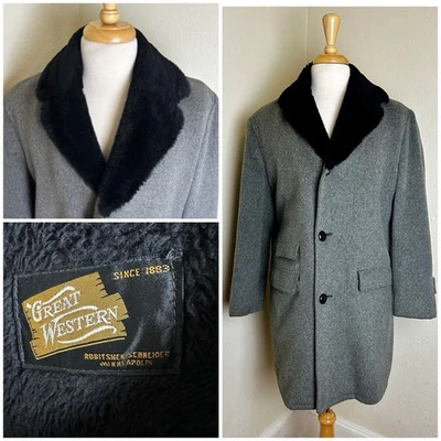 VTG 60's MCM GREAT WESTERN Rancher Wool Coat Faux Fur Trim SZ 40 48C Grey Black - Image 1 of 4