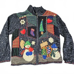 Vintage Hampshire Studio Medium Christmas Sweater Snowmen Quilt Patchwork  - Picture 1 of 9