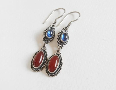 Bali Sterling Silver blue kyanite red carnelian gemstones earrings / 2 inch Foto 1 de 4