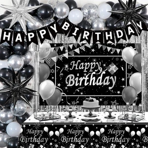 Black and Silver Birthday Decorations for Men Women Boys Girls, 85PCS White Blac - Picture 1 of 7
