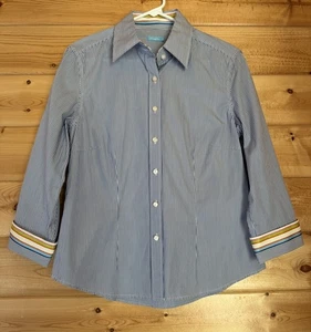 J McLaughlin Women’s 6 Blue White Striped Shirt 100 % Cotton Multicolor Cuffs - Picture 1 of 14