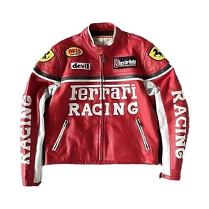 Chaqueta de cuero Ferrari Racing estilo vintage logotipo F1 roja chaqueta de cuero de carreras - Imagen 1 de 3