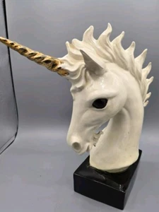 Hermoso busto de caballo unicornio de cerámica de 13" dorado blanco negro - Imagen 1 de 20