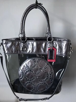 COACH JULIA TRANSPARENT CLEAR OP ART PERRY SMOKE GRAY SILVER TOTE BAG 15021 - Image 1 of 4