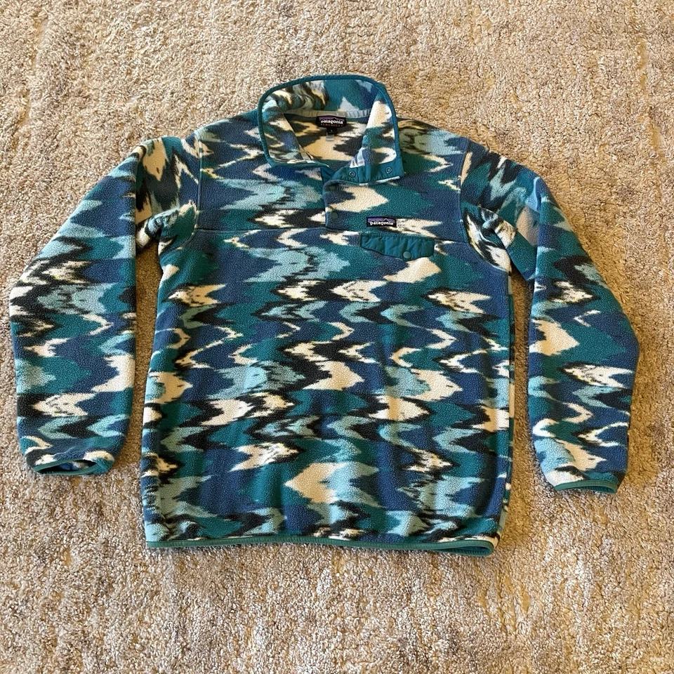 Patagonia Jacket Womens Large Blue Green Synchilla Trout Tales Southwestern - Image 1 of 4