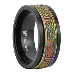 Black Rainbow Celtic Spinner Ring Stainless Steel Meditation Wedding Band - Picture 1 of 3