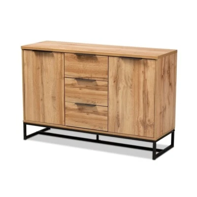 Modern Industrial Oak Finished Wood and Black Metal 3 Drawer Sideboard Buffet - Image 1 of 4