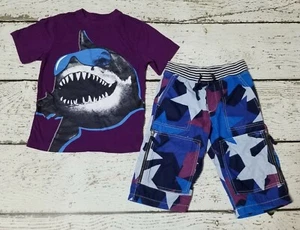 MINI BODEN 6 Purple Great White Shark Tee & Star Print Techno Cargo Shorts 6 - Picture 1 of 8