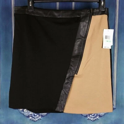 Falda ECI NY para mujer 8 beige negra bloques de color asimétrica imitación cuero ribete nueva con etiquetas Foto 1 de 4