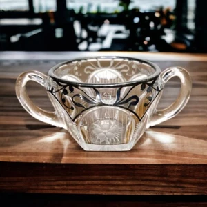 Antique Art Deco Glass Sugar Bowl Silver Overlay Etched Glass Westmoreland - Picture 1 of 8