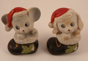 Vintage Homco Christmas Figurines Dog And Mouse  In Boots Lot Of Two - Picture 1 of 8