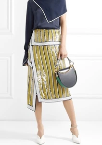 MONSE Spring 2017 Mustard Yellow White Striped Sequin Asymmetrical Wrap Skirt - Picture 1 of 9