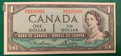 1954 Canadá $1 nota de dólar Rainha Elizabeth II erro de corte central UNC - Imagem 1 de 2