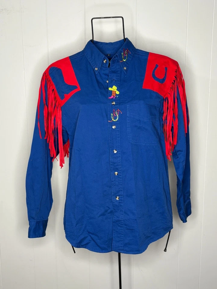 Vintage Handmade Blue Red Western Cowboy Fringe Shirt Boots Horseshoe Button - Image 1 of 4