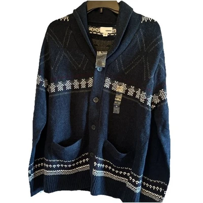 Nuevo con etiquetas Para hombres Sonoma Azul Marino Fair Isle Chal Cuello Cárdigan Suéter-Talla M Foto 1 de 4
