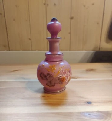 Bohemian glass Victorian era pink opaline painted parfyme antique bottle signed - Image 1 of 4