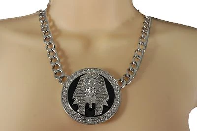 Donna Argento Metallo Catena Alla Moda Collana Grande Fascino Forma Faraone King - Immagine 1 di 4
