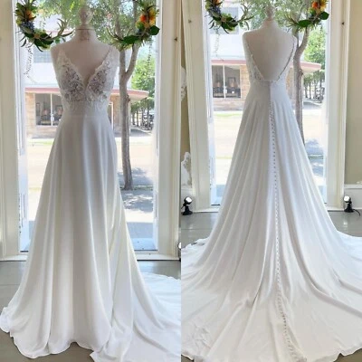 Satin Spaghetti Straps Wedding Dresses Lace Appliques Sweep Train Bridal Gowns - Image 1 of 4