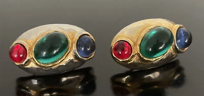 Brincos Kenneth Jay Lane KJL multicoloridos cabochão gelatina moldura dourada gota - Imagem 1 de 4