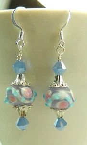 Blau & Rosa Lampwork Ohrringe mit Kristall Handarbeit - Bild 1 von 1