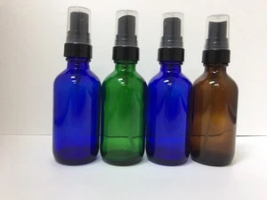 4 Pack- 2 oz COBALT BLUE GREEN AMBER GLASS FINE MIST SPRAYER BOTTLES BLACK SPRAY - Picture 1 of 3