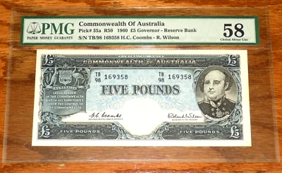 Australia 5 Pounds P35a R50 1960 Coombs Wilson PMG 58 Choice About UNC Banknote - Image 1 of 4