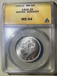 1928 Austria Schubert 2 Shilling ANACS MS64 Graded Silver Coin - Picture 1 of 2