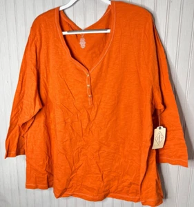 St Johns Bay Womens TOP 3X Boho Orange Button V-Neck Peasant Cotton NEW - Picture 1 of 12