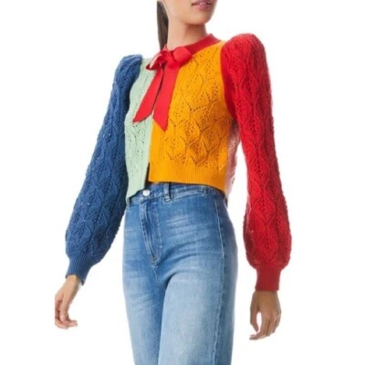 Alice + Olivia Kitty Puff Sleeve Bow Cardigan Sweater Rainbow Color Block  Small - Image 1 of 4