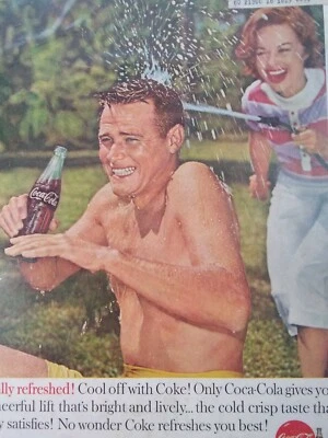 Coca Cola Print Ad Original Vintage 1960s Large Pretty Girl Man Smile Pool Fun - Image 1 of 4
