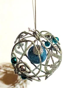 Set of 2 Christmas Ornaments Silver & Blue Glitter Center Hanging Bulb Ornament - Picture 1 of 12