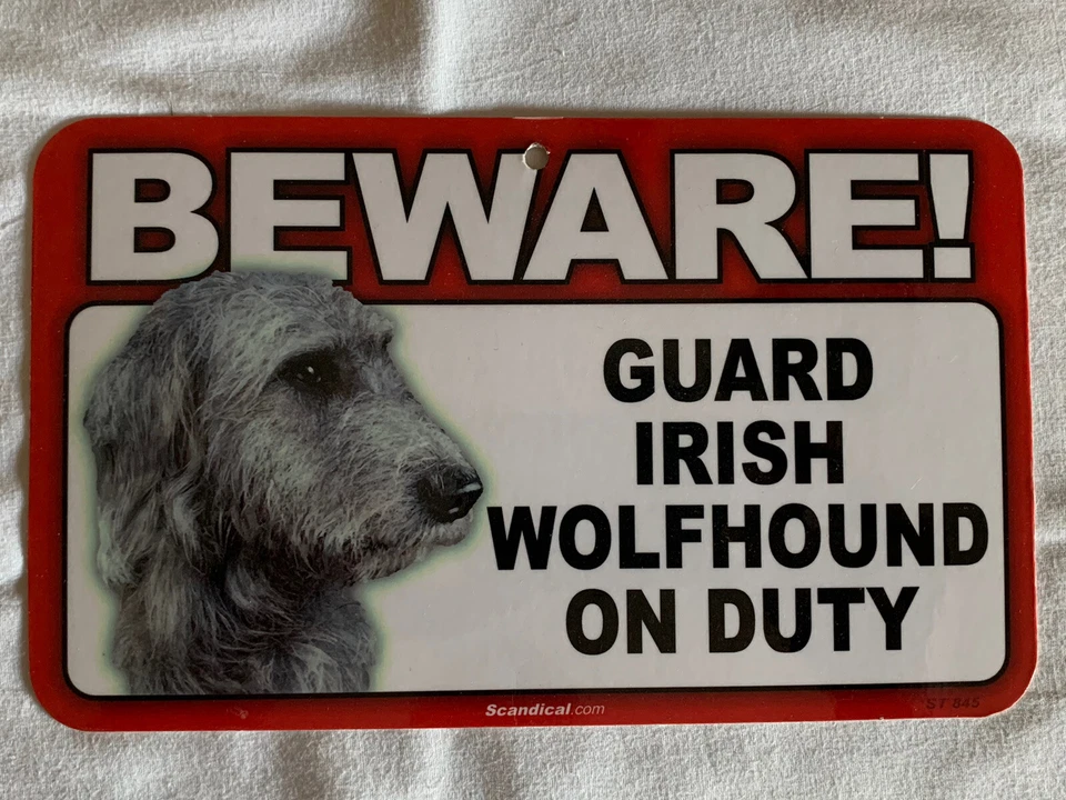 BEWARE GUARD DOG IRISH WOLFHOUND ON DUTY PLASTIC LAMINATED SIGN NEW - Image 1 of 1